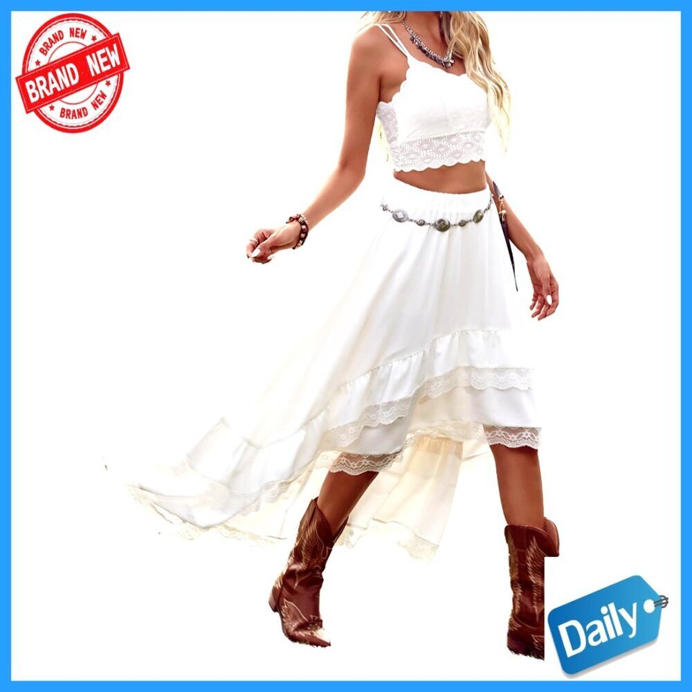 Western Boho Lace Ruffle Skirt Asymmetrical Maxi Ankle Length